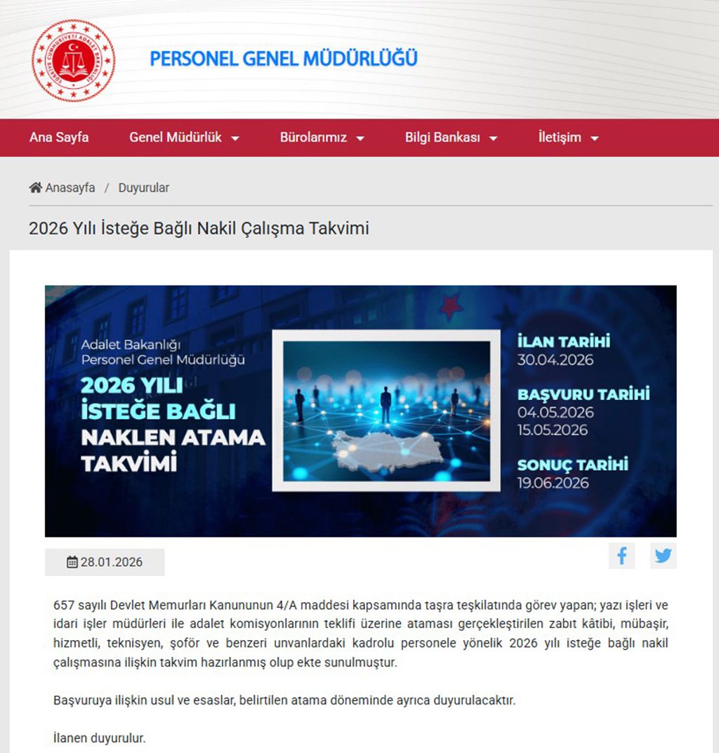 Adalet Bakanlığı 2026 Yılı İsteğe Bağlı Naklen Atama Takvimi Açıklandı