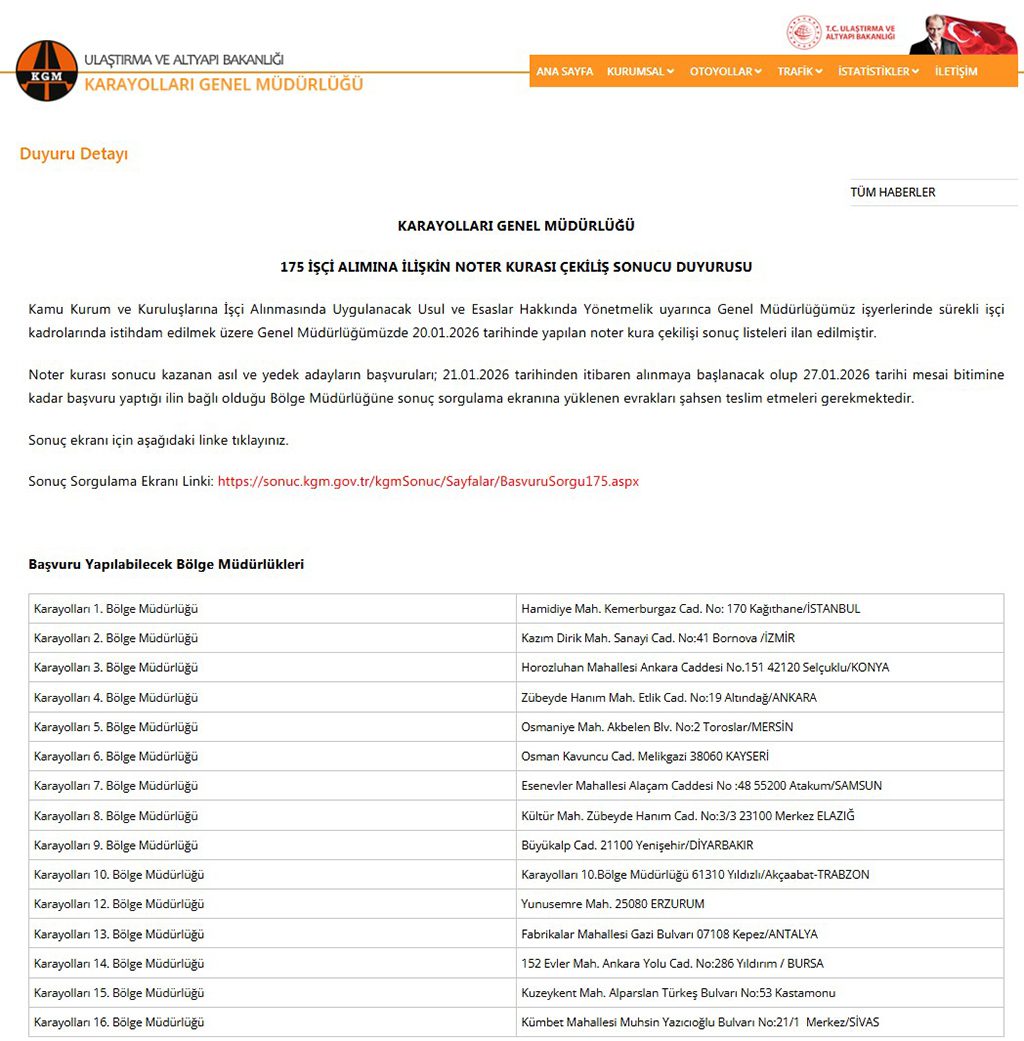 KGM 175 İşçi Alımı Kura Sonuçları Açıklandı