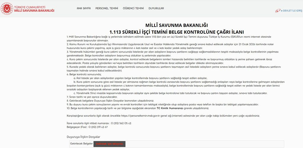 MSB 1113 Sürekli İşçi Alımı Belge Kontrol Tarihleri Açıklandı