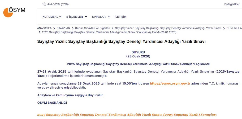 Sayıştay Başkanlığı 25 Denetçi Yardımcısı Alımı Yazılı Sınav Sonuçları Sorgulama Ekranı