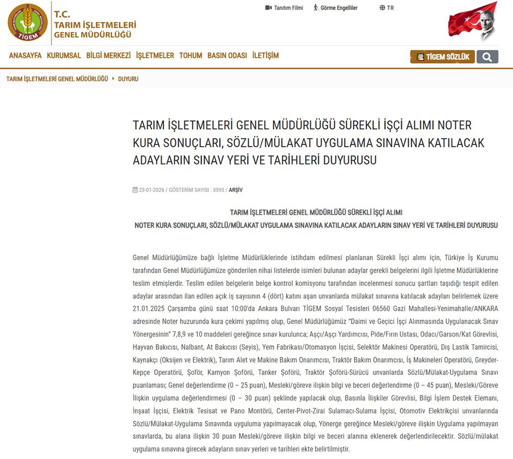 TİGEM 254 Personel Alımı Kura Sonucu Sorgulama Ekranı