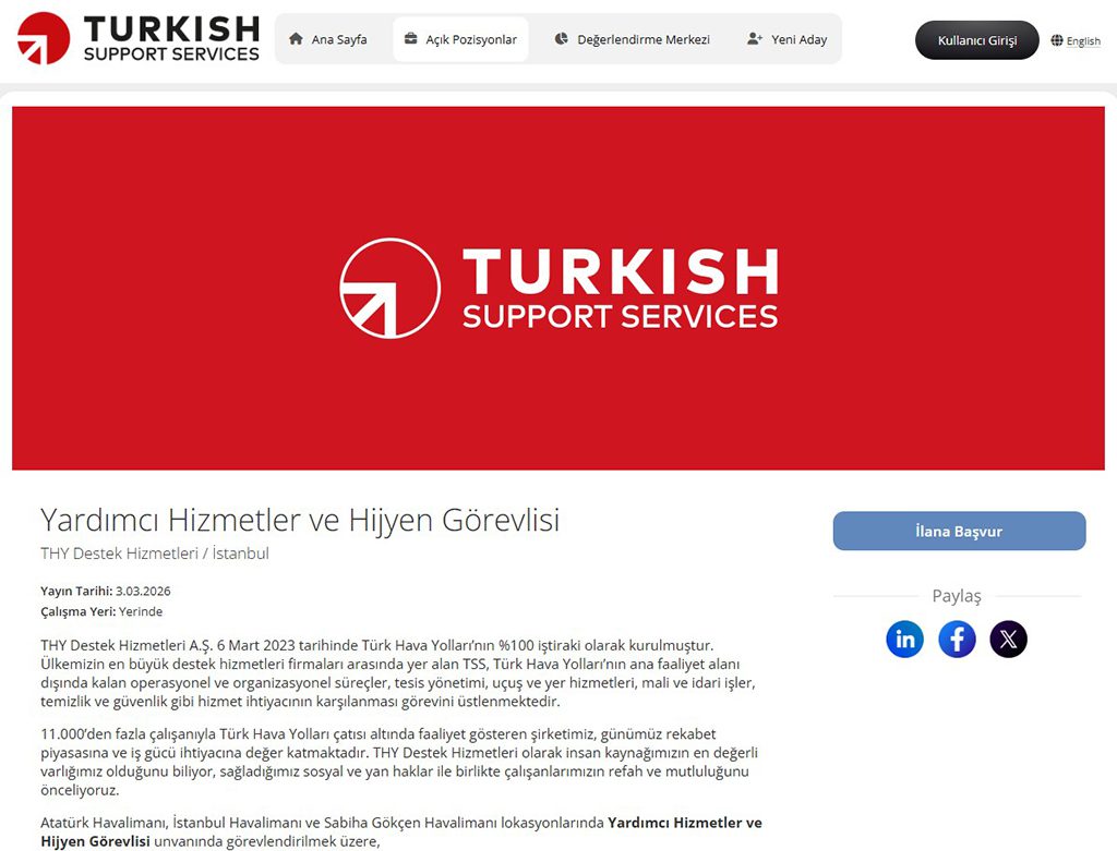 Türk Hava Yolları Destek Hizmetleri Personel Alımı İş İlanı Detayları