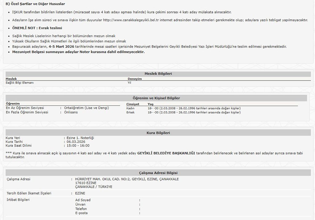 Çanakkale Geyikli Belediyesi Geçici Sağlık Personeli Alımı İş İlanı Detayları