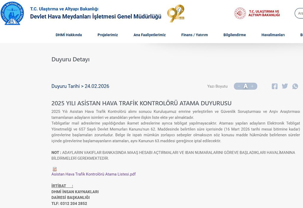 DHMİ 14 Asistan Hava Trafik Kontrolörü Alımı Atama Duyurusu