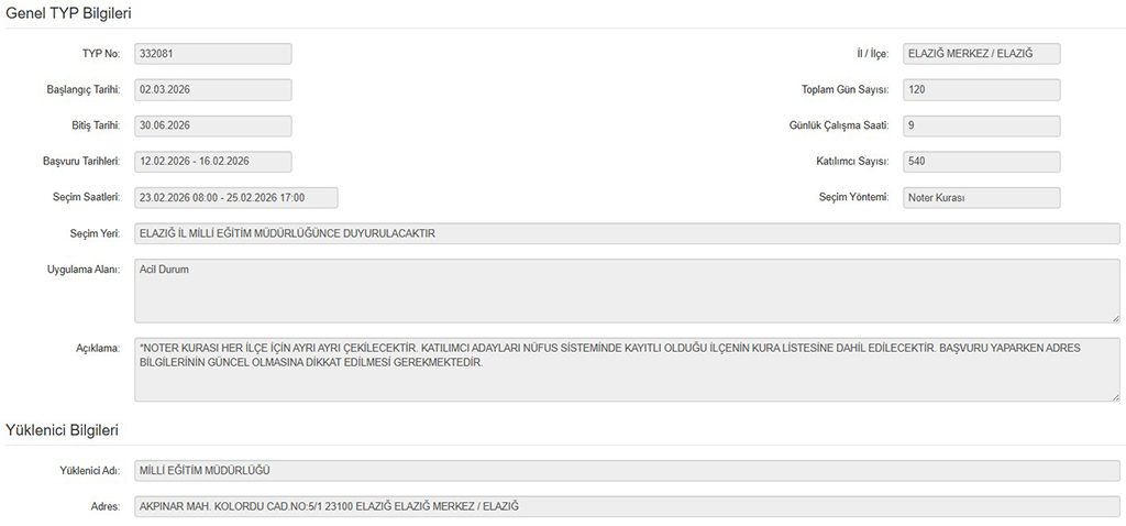 Elazığ İl Milli Eğitim Müdürlüğü TYP İle 540 Personel Alımı İş İlanı