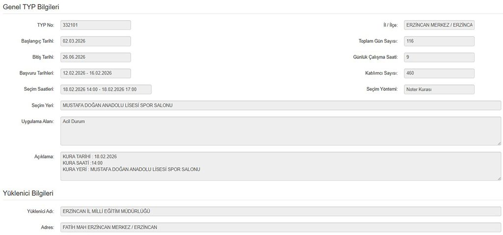 Erzincan İl Milli Eğitim Müdürlüğü TYP İle 460 Personel Alımı İş İlanı