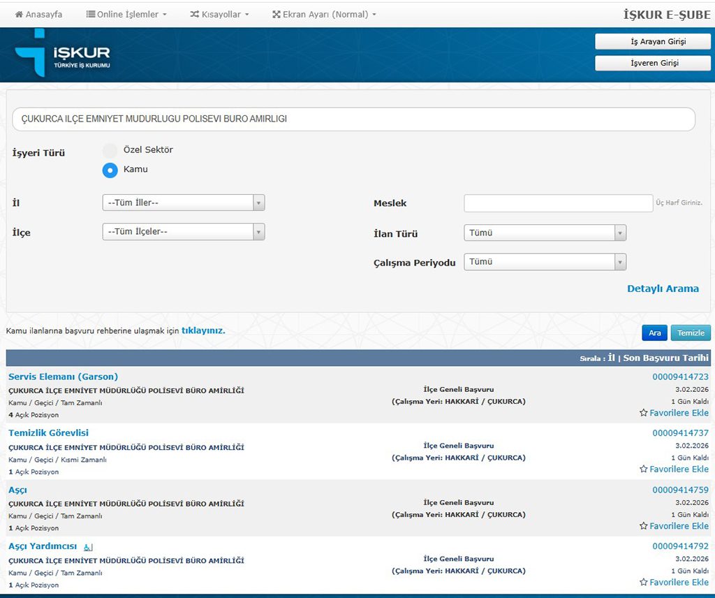 Hakkari Çukurca İlçe Emniyet Müdürlüğü İşçi Alımı Kadroları