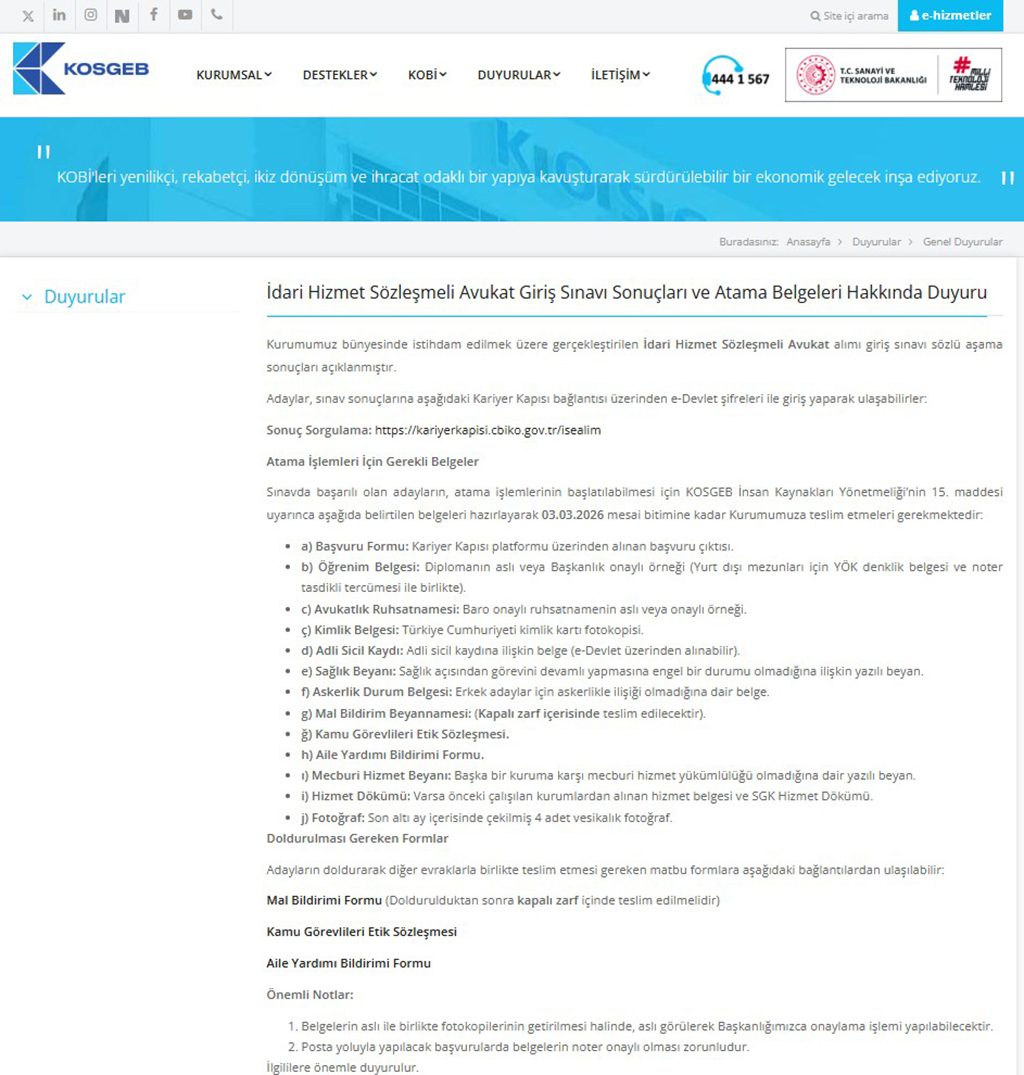 KOSGEB 4 Avukat Alımı Sözlü Sınavı Sonuçları Ve Atama Duyurusu