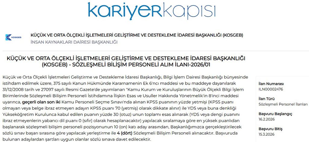 KOSGEB 4 Sözleşmeli Bilişim Personeli Alımı Genel Başvuru Şartları