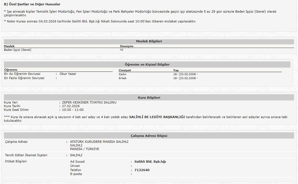 Manisa Salihli Belediyesi 86 Geçici İşçi Alımı İş İlanı Detayları