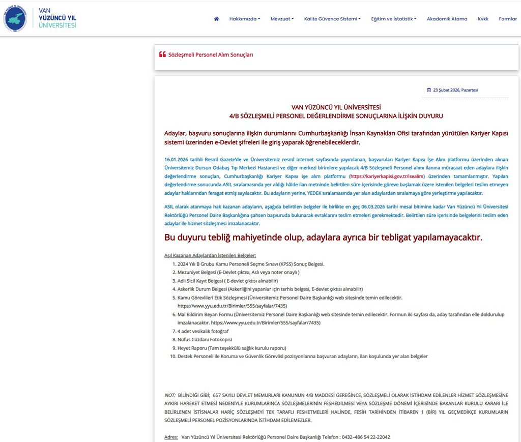 Van Yüzüncü Yıl Üniversitesi 225 Personel Alımı Sonuçları Açıklandı