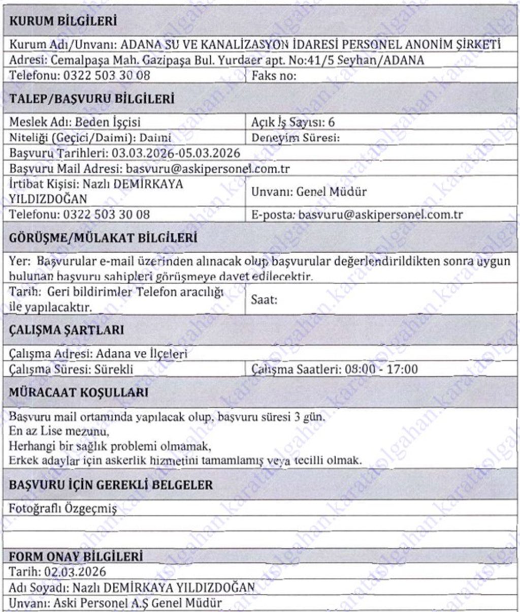 Adana Su Ve Kanalizasyon İdaresi 6 Daimi İşçi Alımı Başvuru Şartları