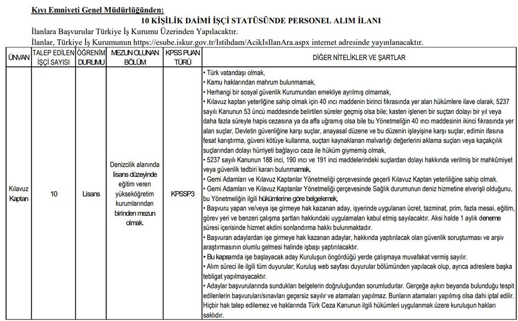 Kıyı Emniyeti Genel Müdürlüğü 10 Daimi İşçi Alımı Başvuru Şartları Nelerdir?